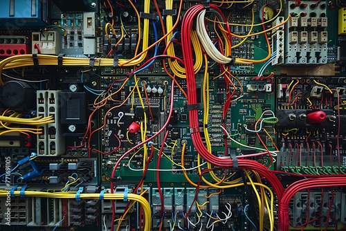 : A complex electronic circuit board, with brightly colored wires and components