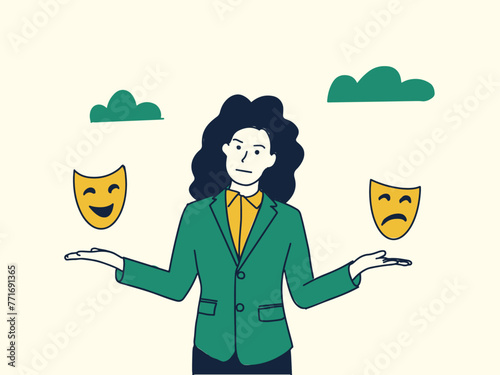Businesswoman holding masks different masks happy and sad imposter syndrome or business woman showing sad an happy mask for meeting or presentation or meeting illustration