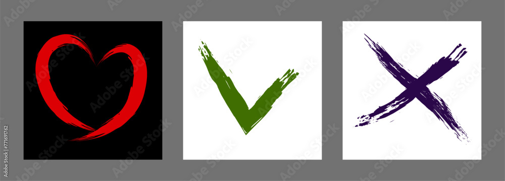 The cross, heart and OK symbol are hand-drawn with a brush. Prohibition, denial, error. Love. Approval, consent. Vector, set of 3 characters The cross, heart and OK symbol are hand-drawn with a brush. Prohibition, denial, error. Love. Approval, consent. Vector, set of 3 characters