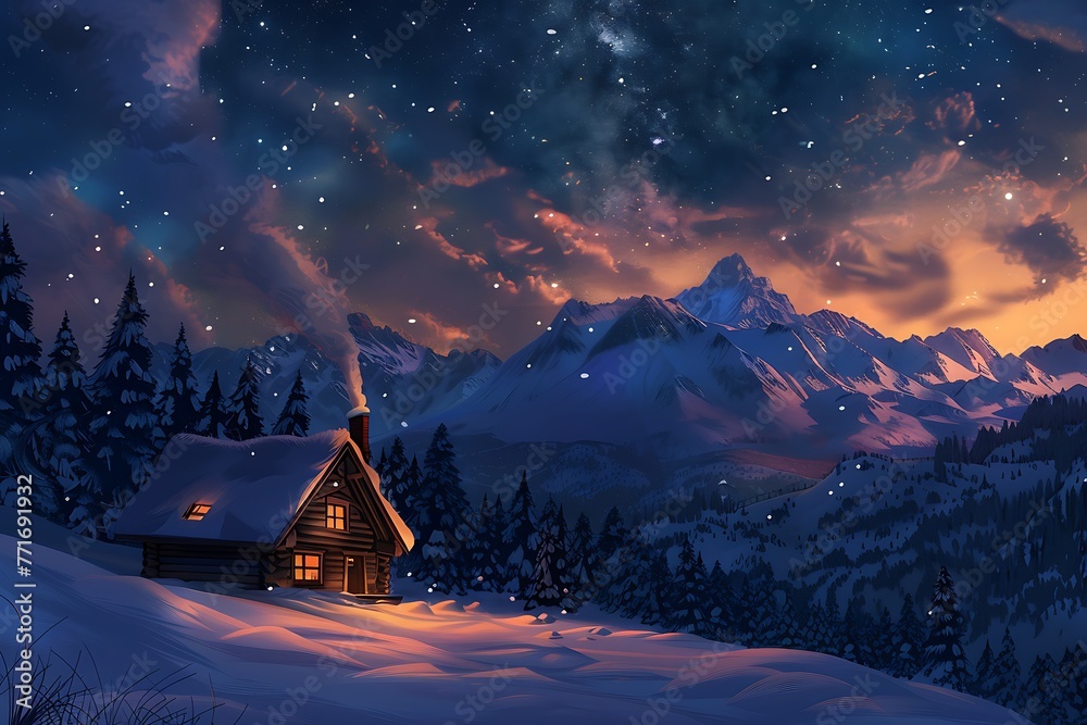 : A cozy cabin nestled in a snowy mountain range, smoke curling from its chimney under a starry sky.