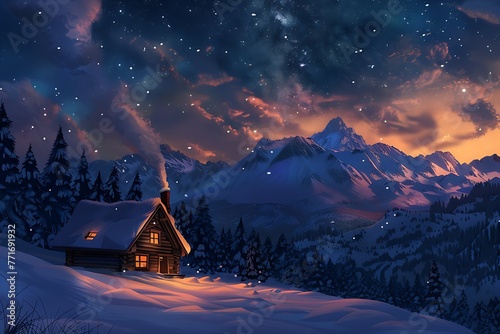 : A cozy cabin nestled in a snowy mountain range, smoke curling from its chimney under a starry sky.