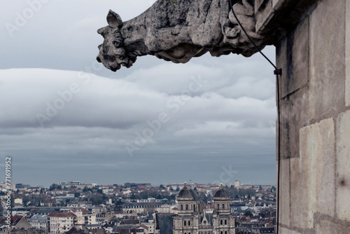Medieval background featuring gargoyle on facade of the Our Lady cathedral in Dijon, France. 