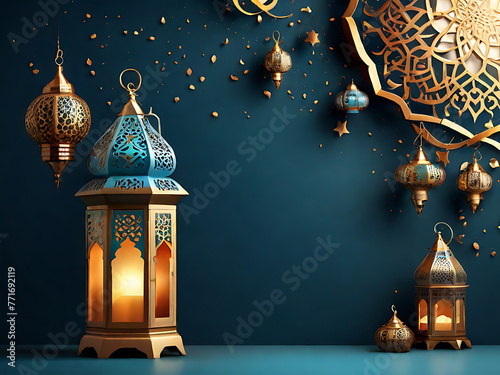 Holy Eid Mubarak Islamic Background With Arabic Lantern And Copy Space