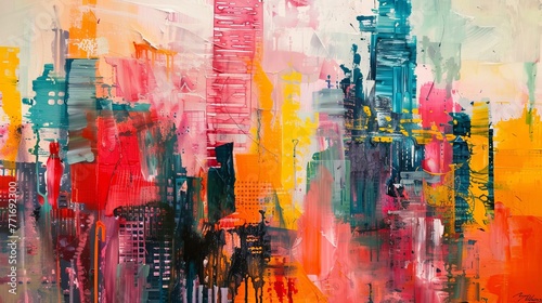 skyline of a huge city  abstract expressionism  16 9