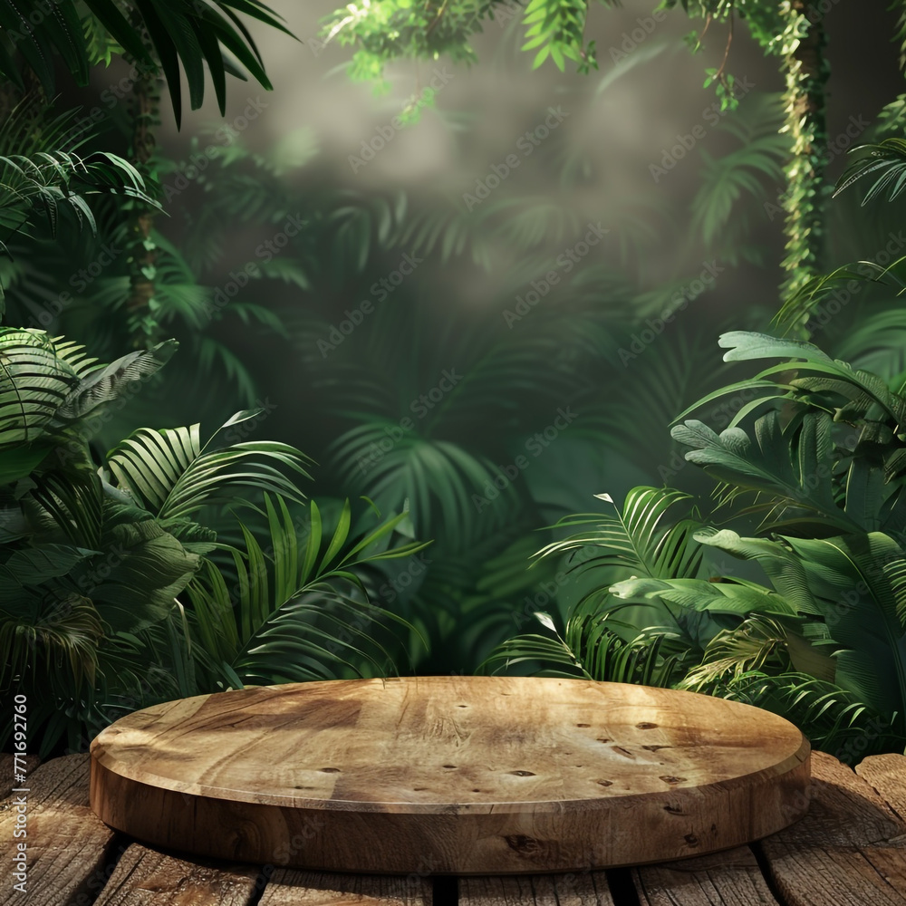 Wooden podium in tropical forest for product presentation and green background Wooden podium in tropical forest for product presentation and green background
