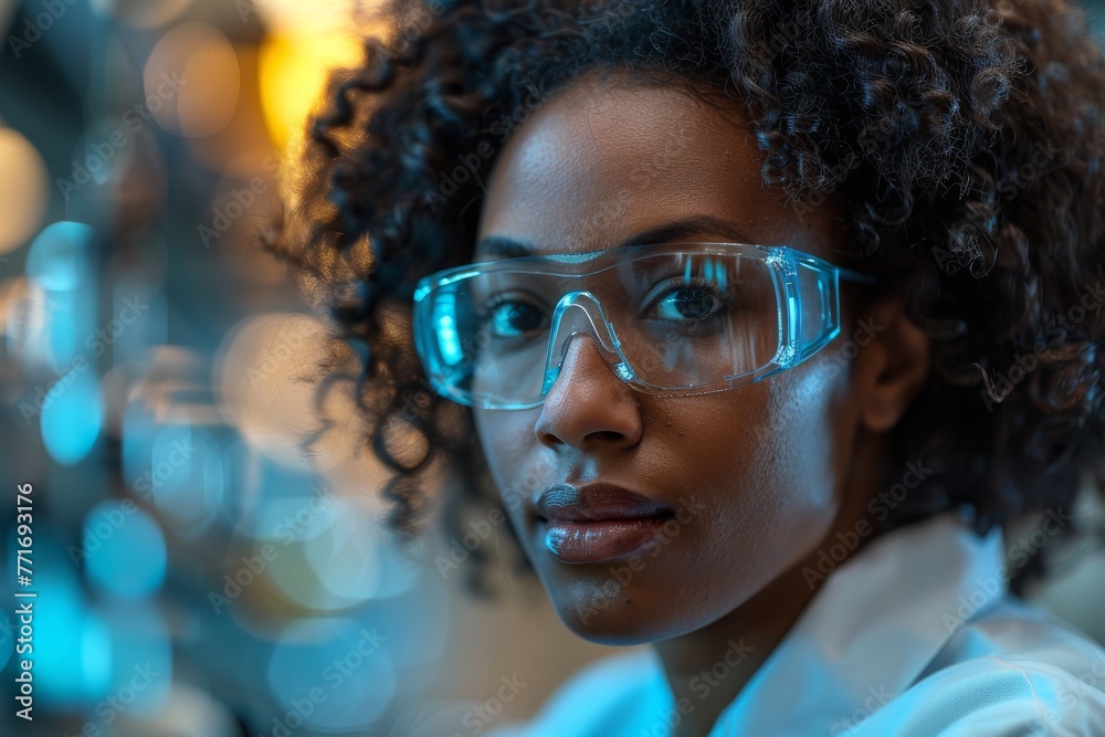 Sharp detailed portrait of a female scientist with safety glasses in a modern lab Sharp detailed portrait of a female scientist with safety glasses in a modern lab