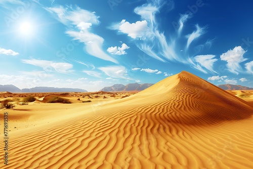   A desert scene with contrasting sand dunes and a bright blue sky 