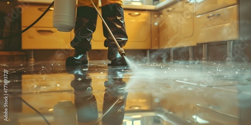 Pest control worker spraying pesticides on home floor to eliminate pests. Concept Pest Control, Pesticides, Home Treatment, Pest Extermination, Professional Services photo