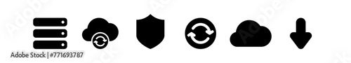 Iconos modernos y minimalistas alusivos a respaldos en la nube, sincronización y protección de datos y descargas seguras.