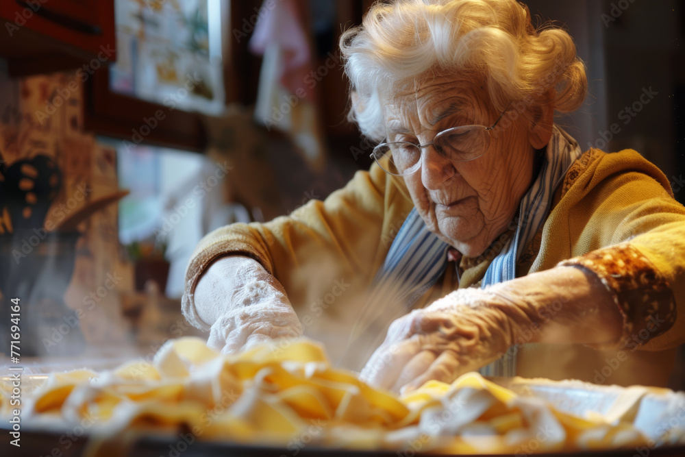 Nonna impegnata a preparare con amore la sua pasta fatta in casa