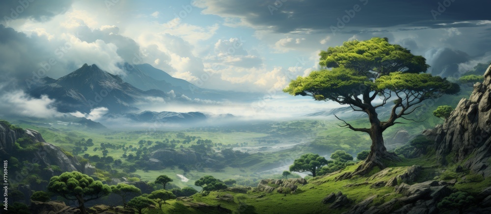 A majestic tree stands atop a hill in a lush green valley, surrounded by towering mountains and under a sky filled with fluffy cumulus clouds