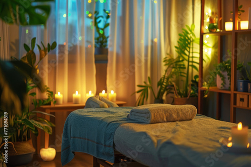Sala massaggi professionale con lettino da massaggio, candele accese, piante verdi e luce soffusa, che creano un'atmosfera rilassante photo