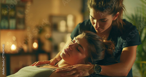 Donna rilassata mentre riceve un massaggio terapeutico professionale sul collo e sulle spalle photo