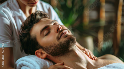 Uomo rilassato mentre riceve un massaggio terapeutico professionale sul collo e sulle spalle