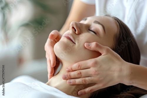 Donna rilassata mentre riceve un massaggio terapeutico professionale sul collo e sulle spalle photo