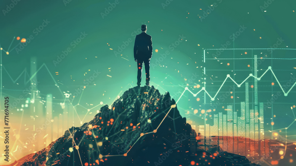 Uomo d'affari visionario in piedi sulla cima di una montagna, con grafici finanziari. Che simboleggia il successo degli investimenti. - obrazy, fototapety, plakaty 