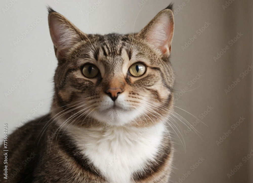 A graceful tabby cat with striking patterns, sitting attentively with its gaze fixed intently ahead.