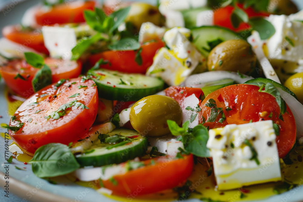 Greek Salad - Pieces of fresh tomatoes, cucumbers, feta cheese, olive oil, and olives, sprinkled with oregano Greek Salad - Pieces of fresh tomatoes, cucumbers, feta cheese, olive oil, and olives, sprinkled with oregano