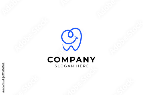 Dental logo design vector template with smile in simple linear outline design style