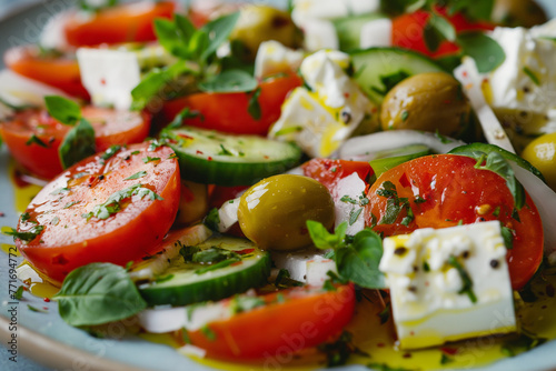 Greek Salad - Pieces of fresh tomatoes, cucumbers, feta cheese, olive oil, and olives, sprinkled with oregano