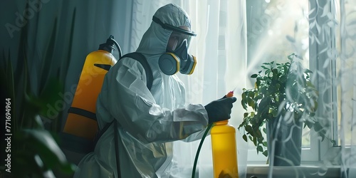 Pest control worker in respirator spraying pesticides under windowsill at home. Concept Pest Control, Pesticides, Home Maintenance, Safety Gear, Insect Infestation photo