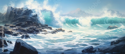 A powerful painting capturing a massive wave colliding with jagged rocks on the shore, with swirling waters and cloudy skies creating a dramatic natural landscape photo