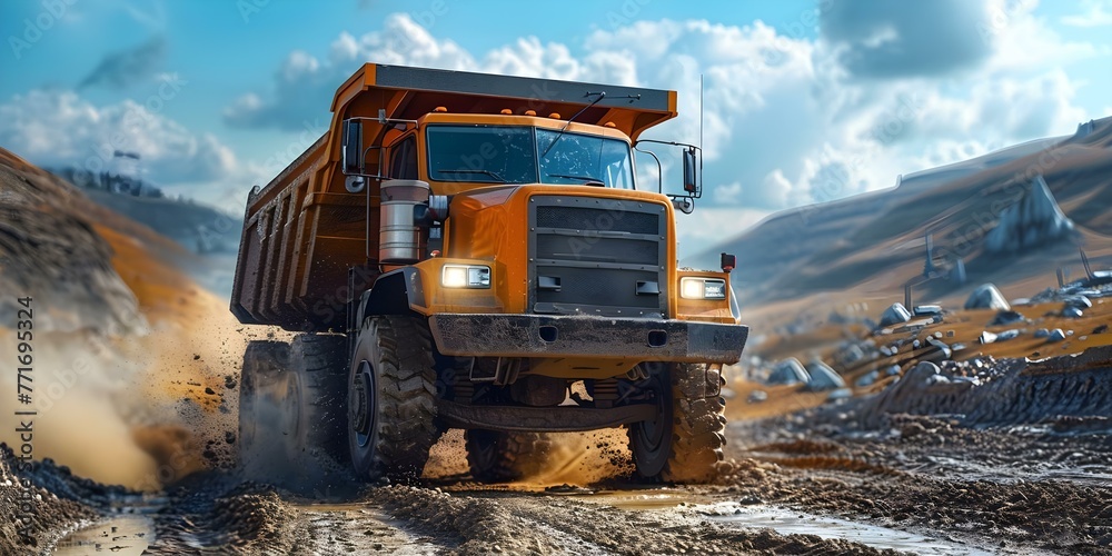 A dump truck drives on a dirt road perfect for construction transportation themes. Concept Construction Vehicles, Dirt Road, Dump Truck, Transportation, Outdoor Scenes - obrazy, fototapety, plakaty 
