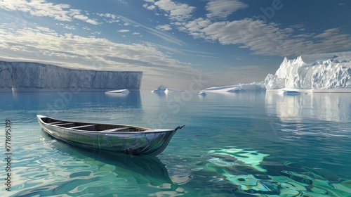 Canoe floating in calm clear water with icebergs