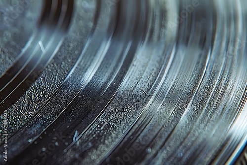 : A detailed shot of a vinyl record, with contrasting textures of smooth grooves and rough, scratched surfaces, photo