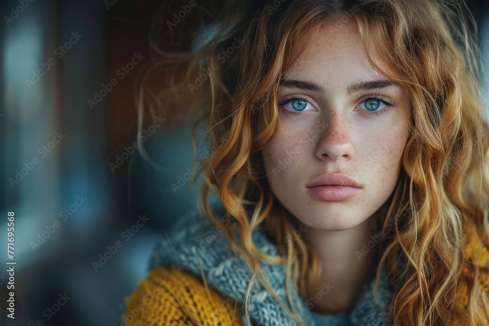 A thoughtful young woman with curly hair gazes away in a yellow scarf