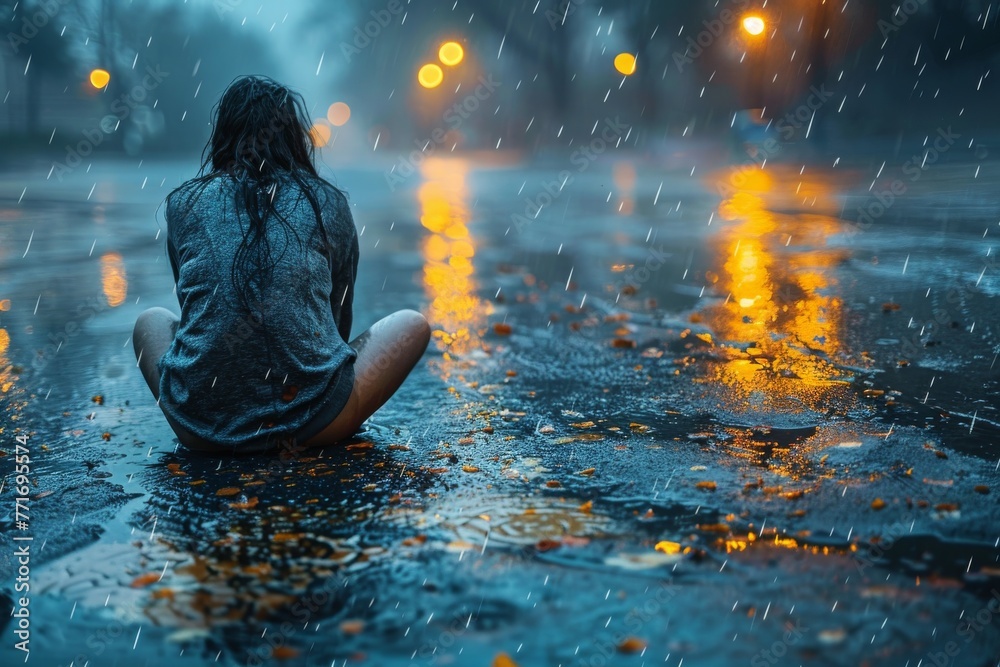 Obraz premium A dramatic scene capturing a solitary woman sitting in the rain, reflecting city lights evoking a sense of melancholy