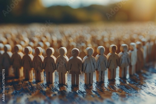 A multitude of wooden figures standing together as if part of a crowd, highlighted by the warm glow of sunset light