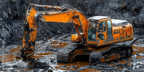 Excavator at work on construction site digging soil. Concept Construction, Excavator, Soil Digging, Machinery, Building Site