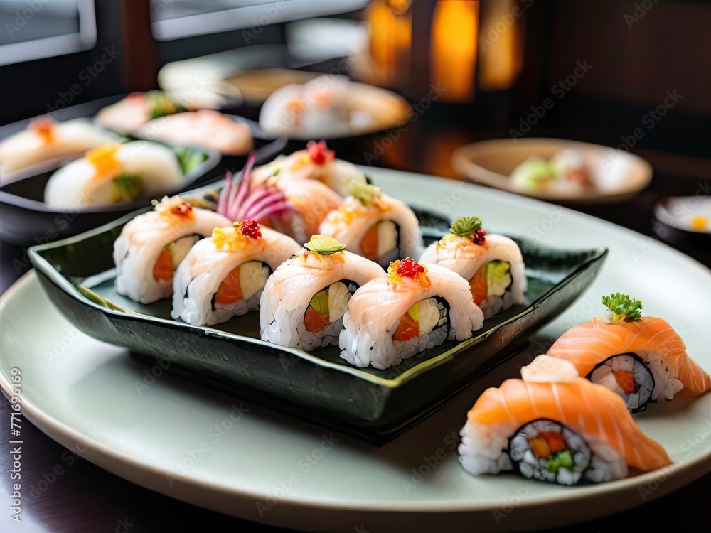 高級レストランと白いトレイ 寿司はレストランでボウルに美味しいです。日本食のコンセプト。
高級レストランと白いトレイ 寿司はレストランでボウルに美味しいです。日本食のコンセプト。