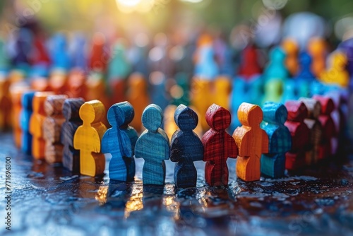 A row of bright, wooden figurines lined up on a reflective surface with blurred background