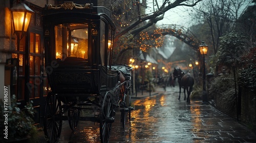 Horse-drawn carriage, old town, twilight, lantern light, romantic, throwback