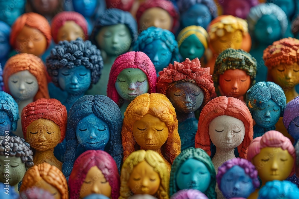 Vibrant busts of female figures with eyes closed, adorned with colorful headdresses, close-up