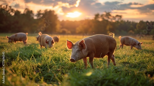 Kunekune pigs grazing, lush pasture, wide shot, peaceful, idyllic country life