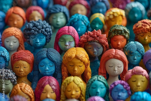 Vibrant busts of female figures with eyes closed, adorned with colorful headdresses, close-up