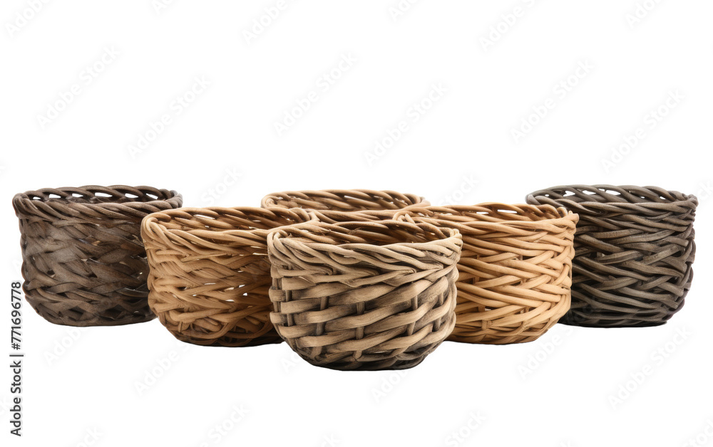 A stack of four intricately woven baskets forming a tower