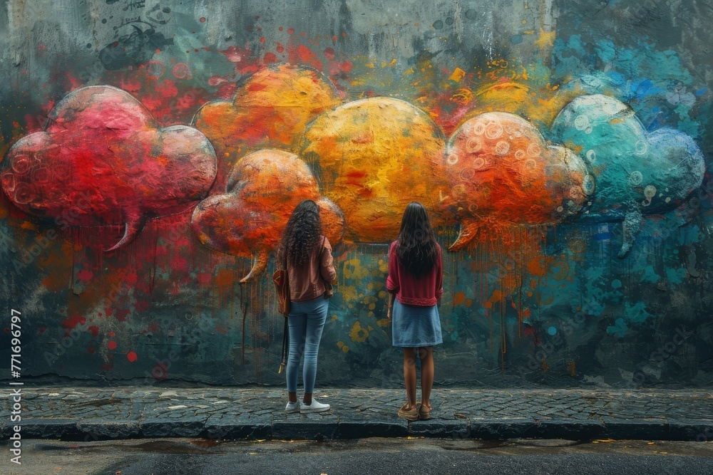 Obraz premium Two people admire a striking mural with vibrant, paint-dripping clouds against a textured wall, reflecting artistic inspiration