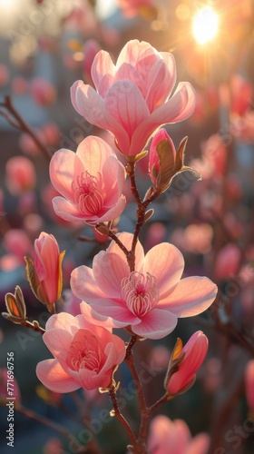 Spring, blooming magnolia flowers, sunshine