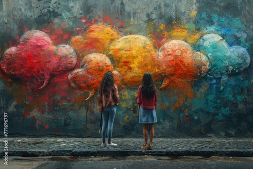 Two people admire a striking mural with vibrant, paint-dripping clouds against a textured wall, reflecting artistic inspiration
