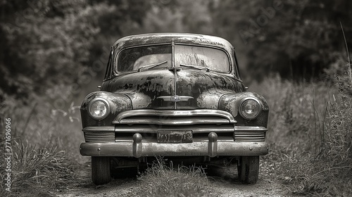 Old family sedan, black and white photo, frontal, emotional, time-worn photo