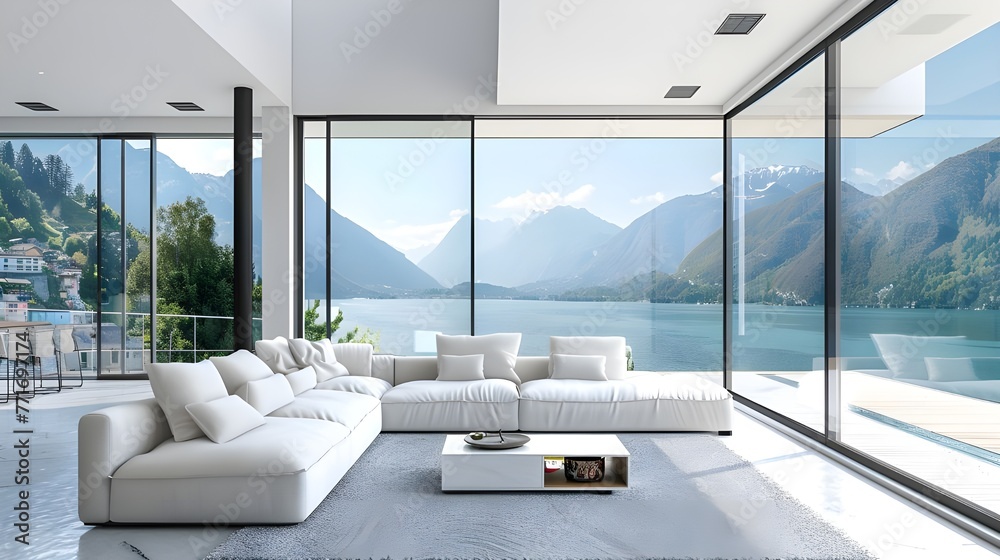 Cozy white sofa in spacious room with terrace. Luxury home interior ...