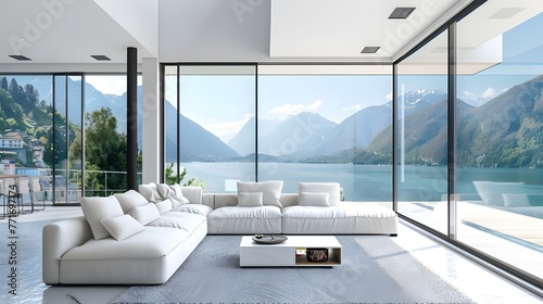 
Cozy white sofa in spacious room with terrace. Luxury home interior design of modern living room in lakeside house, panoramic open windows with stunning sea bay or lake and mountains view