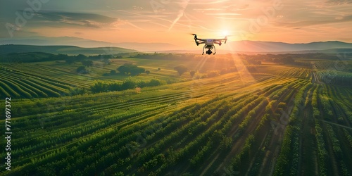 Agriculture drone spraying fertilizer and pesticide over farmland showcasing hightech innovation in smart farming. Concept Smart Agriculture, Drone Technology, Precision Farming