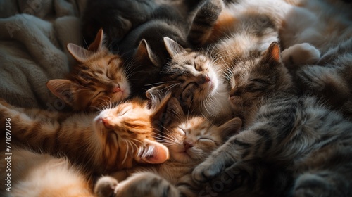 Sleeping cats pile, gentle light, peaceful, soft focus, overhead