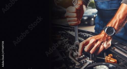 Skilled auto mechanic working on a car engine in a mechanic’s garage, providing repair service