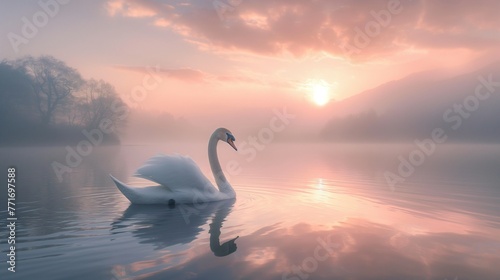 Fototapeta Naklejka Na Ścianę i Meble -  Swan lake at sunrise, wide shot, pastel hues, misty, serene atmosphere